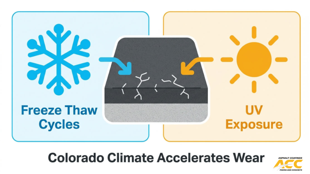 Illustration of freeze thaw cycles and UV exposure causing asphalt cracks and surface damage in harsh climates