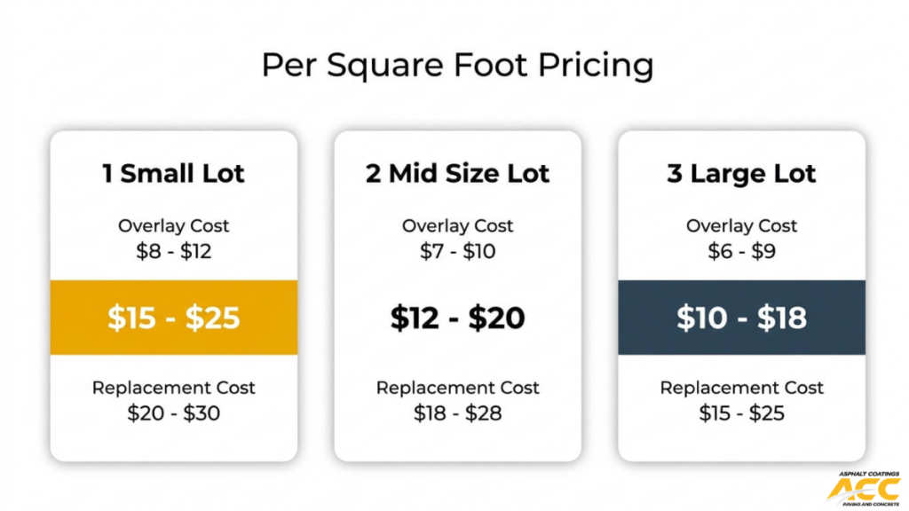 Pricing comparison of asphalt overlay and replacement costs per square foot for small medium and large parking lots