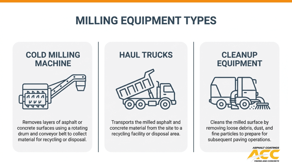 Milling equipment types for asphalt removal including cold milling machine, haul trucks, and cleanup equipment