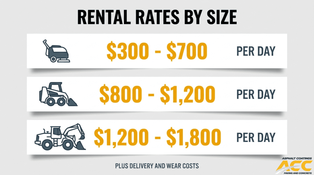 Asphalt milling machine rental rates by size with daily cost ranges for compact, skid steer, and larger milling equipment