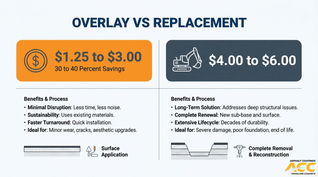 Overlay vs replacement cost comparison showing asphalt overlay savings, surface application benefits, and full reconstruction requirements
