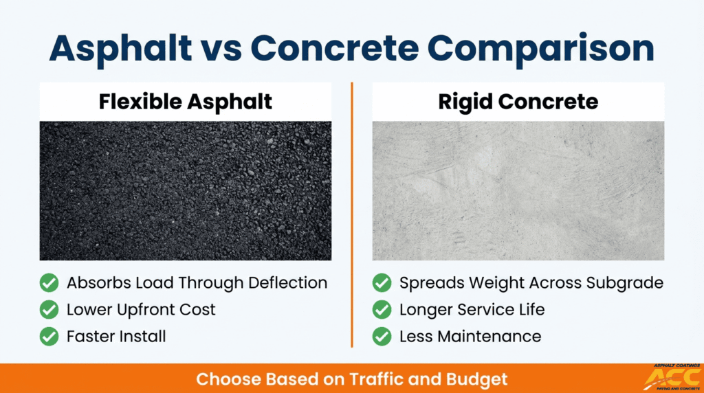 Asphalt vs concrete comparison for commercial properties showing flexible asphalt and rigid concrete paving benefits