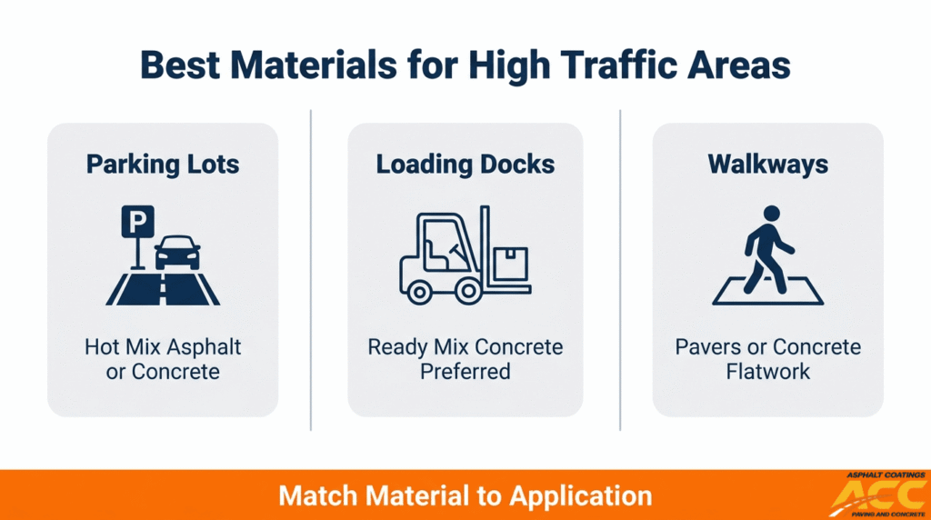 Best paving materials for high traffic areas including parking lots, loading docks, and commercial walkways
