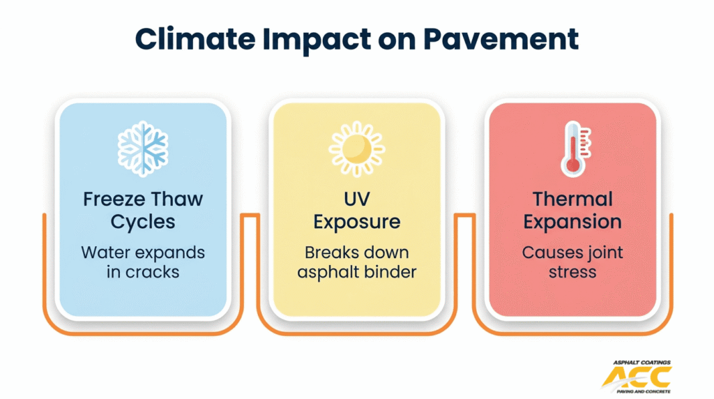 Climate impact on commercial pavement showing freeze thaw cycles, UV exposure, and thermal expansion damage