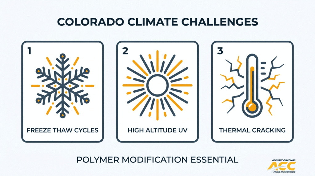 Colorado climate challenges for asphalt paving including freeze thaw cycles, high altitude UV, and thermal cracking