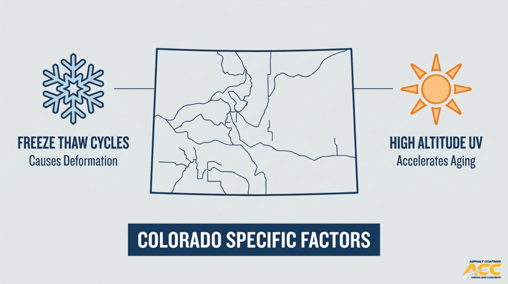 Colorado asphalt overlay factors showing freeze thaw cycles, pavement deformation, and high altitude UV aging