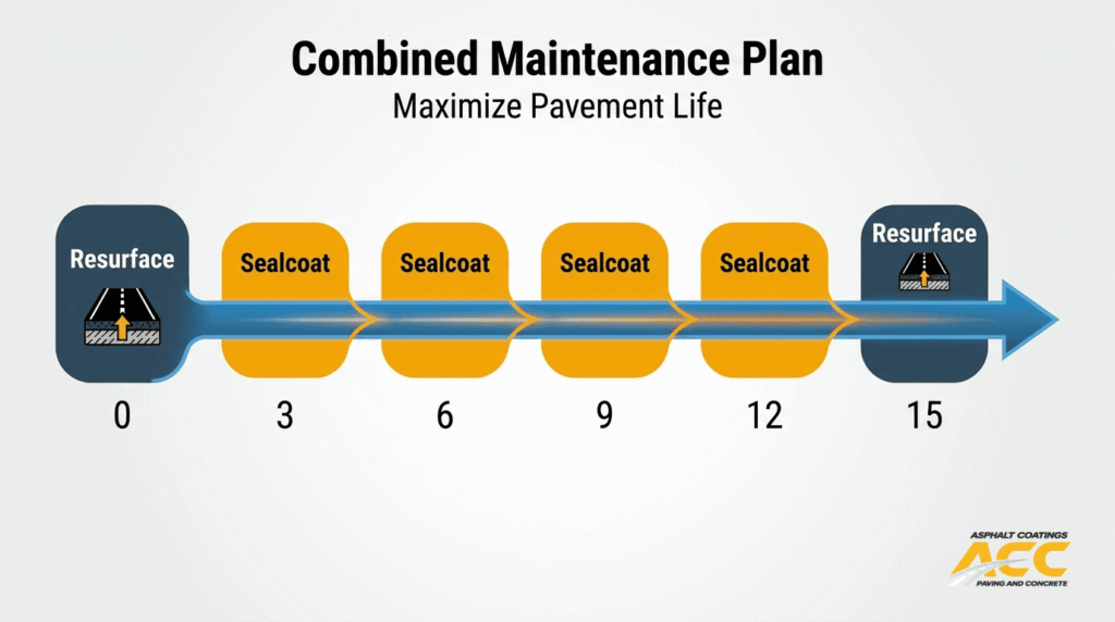 Combined asphalt maintenance plan showing resurfacing at year 0, sealcoating every 3 years, and resurfacing again at year 15