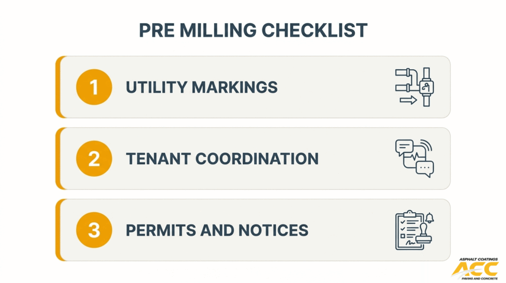 Pre milling checklist for asphalt projects including utility markings, tenant coordination, permits, and notices