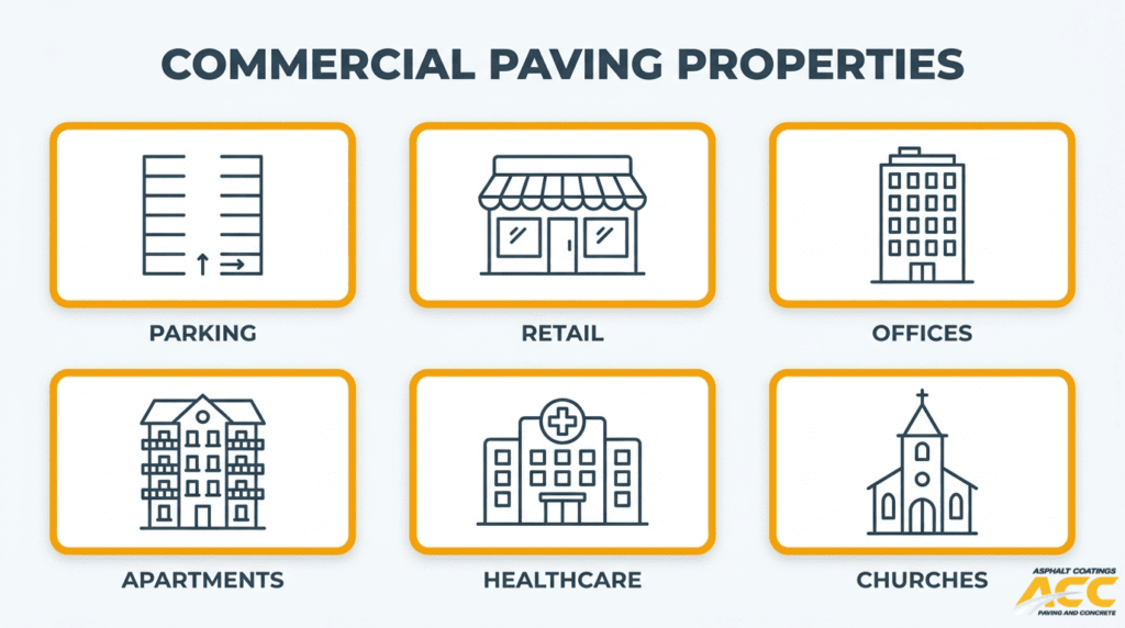 Commercial paving property types including parking lots, retail centers, offices, apartments, healthcare facilities, and churches