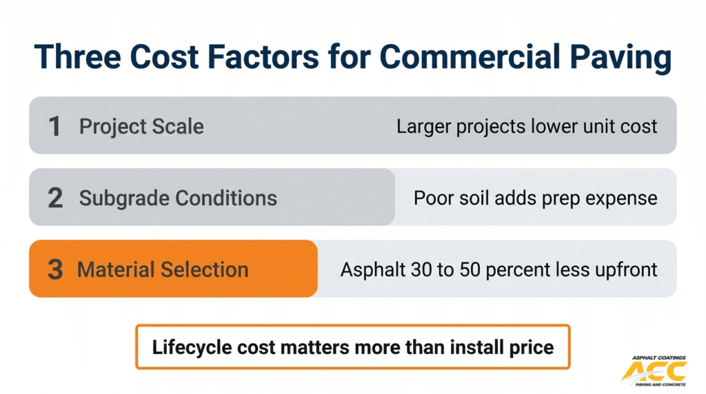 Commercial paving cost factors including project scale, subgrade conditions, material selection, and lifecycle paving costs