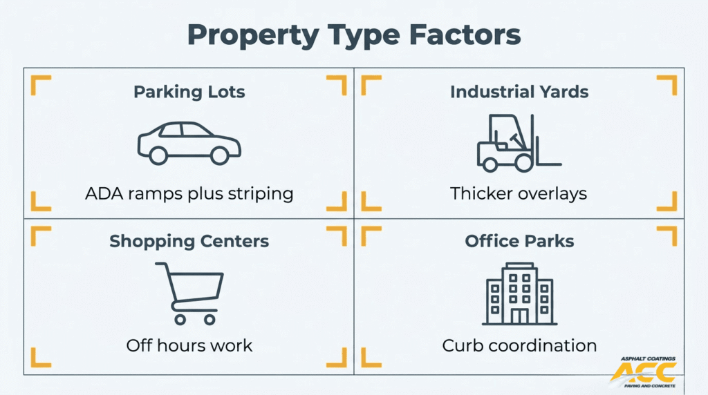 Commercial property resurfacing cost factors for parking lots, industrial yards, shopping centers, and office parks