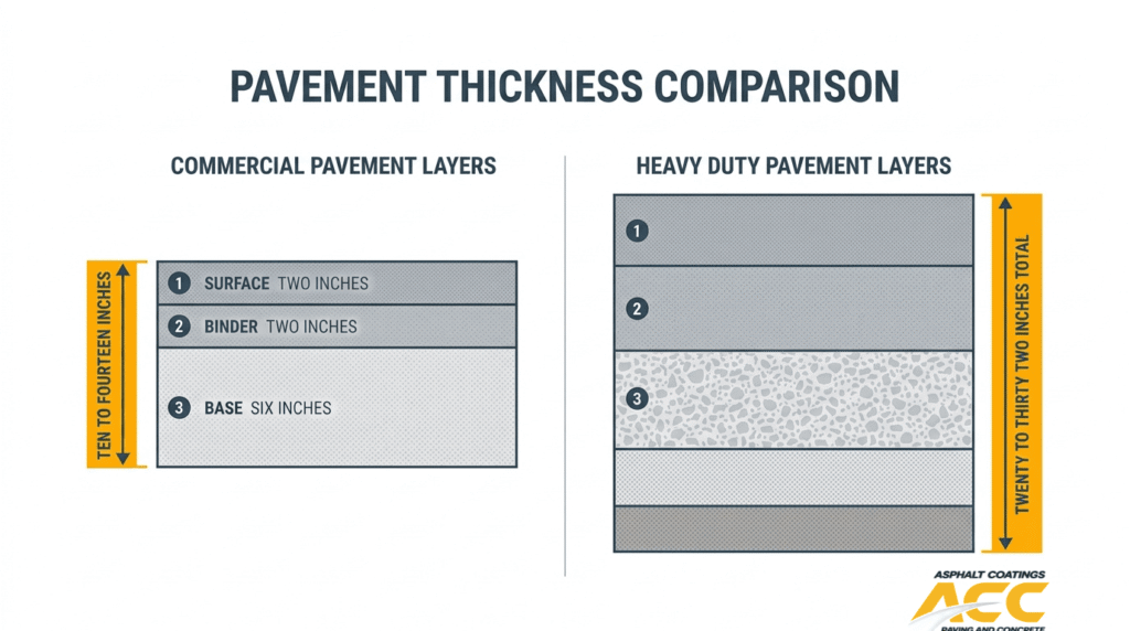 Commercial vs heavy duty pavement thickness comparison showing asphalt surface, binder, base, and total layer depth