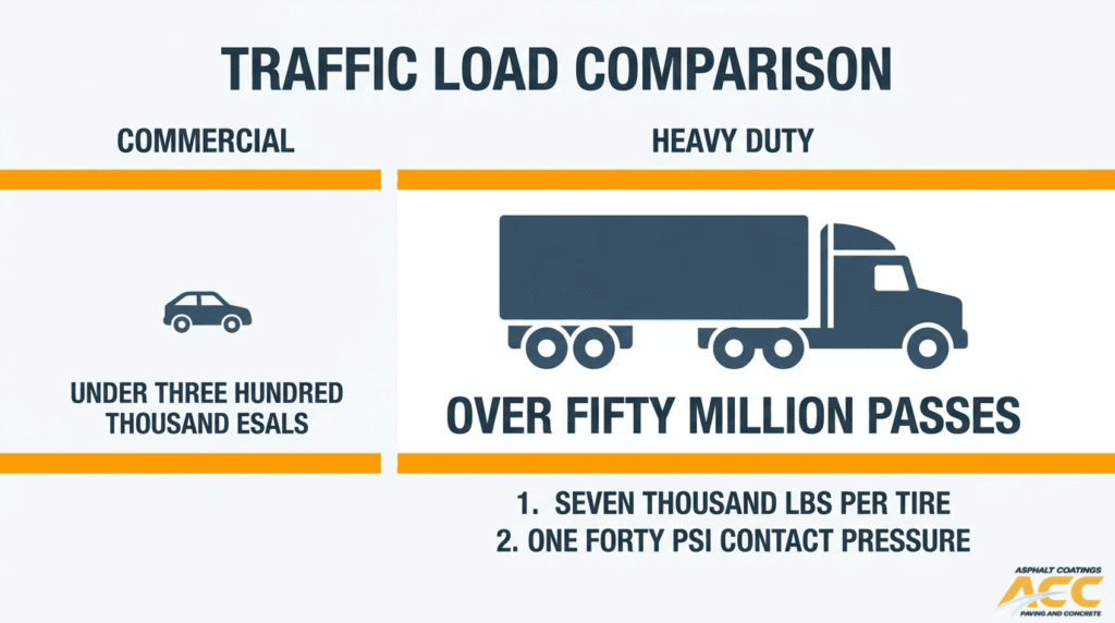 Traffic load comparison between commercial paving and heavy duty paving with ESALs and truck pass requirements