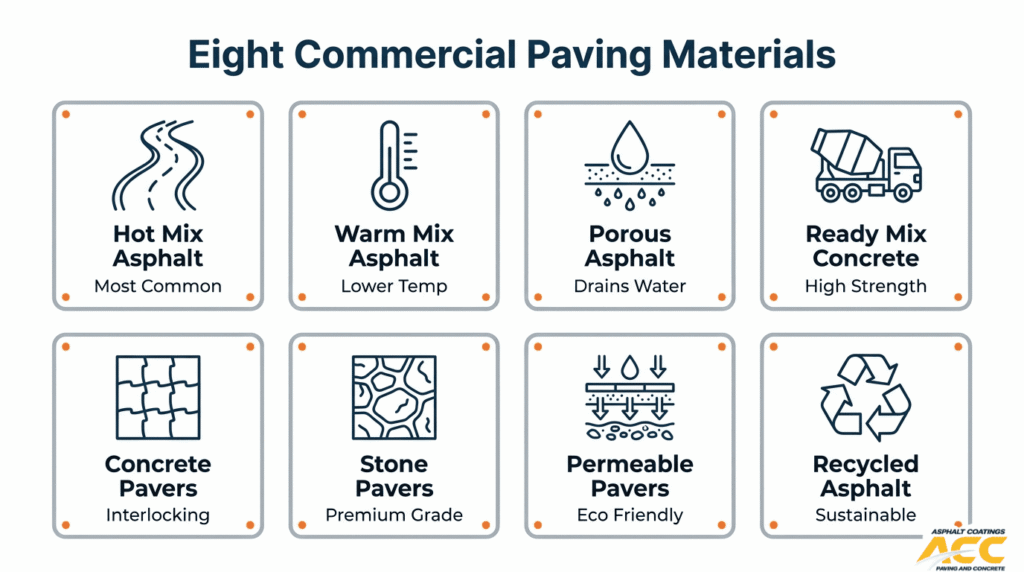 Eight commercial paving material types including hot mix asphalt, concrete pavers, permeable pavers, and recycled asphalt
