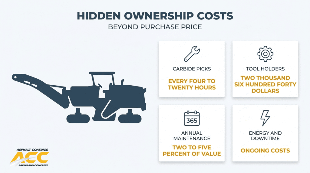 Hidden ownership costs of asphalt milling machines including carbide picks, tool holders, maintenance, energy, and downtime