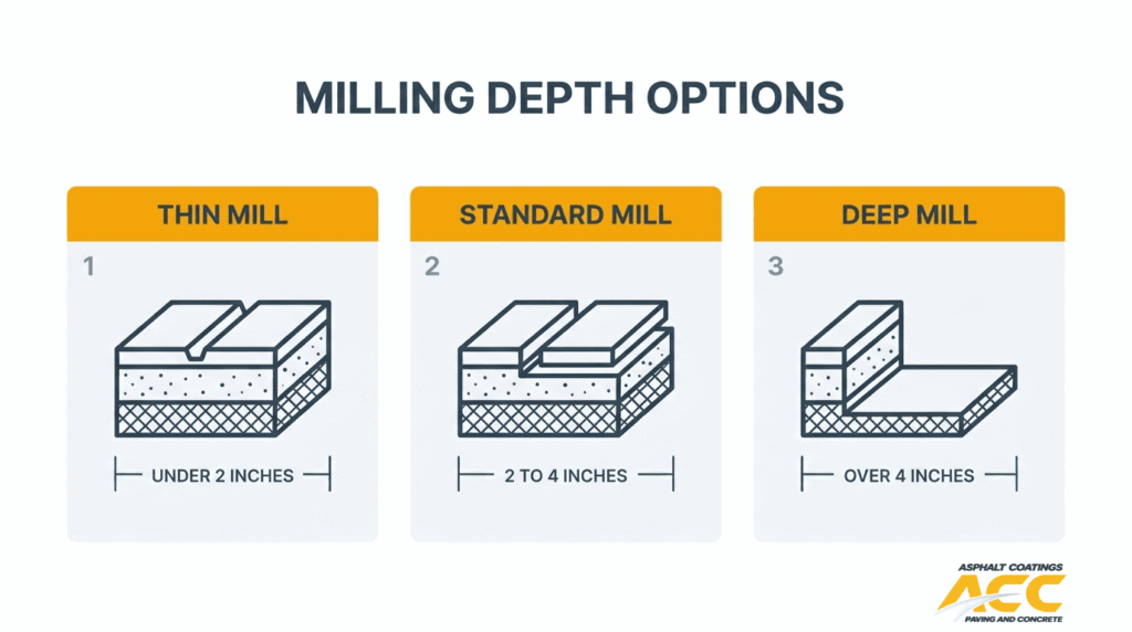 Asphalt milling depth options comparing thin mill, standard mill, and deep mill for pavement removal