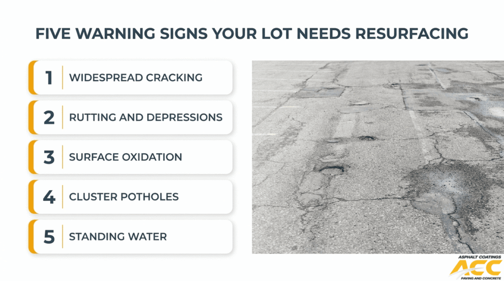 Five warning signs a parking lot needs resurfacing including cracking, rutting, oxidation, potholes, and standing water