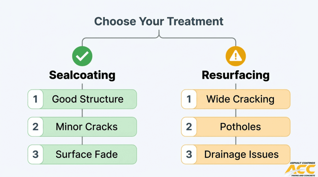 Parking lot treatment decision guide comparing sealcoating for good structure, minor cracks, and surface fade with resurfacing for wide cracking, potholes, and drainage issues