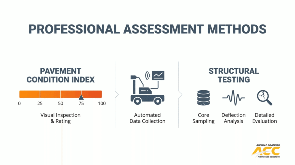 Professional pavement assessment methods including PCI rating, automated data collection, core sampling, and deflection analysis