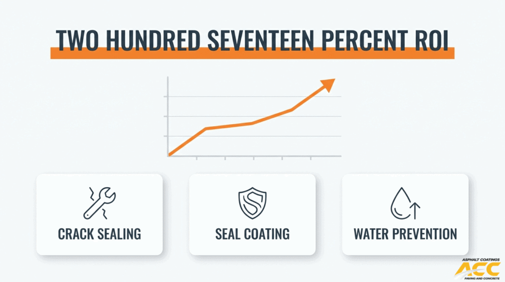 Commercial pavement maintenance ROI chart highlighting crack sealing, seal coating, and water prevention benefits