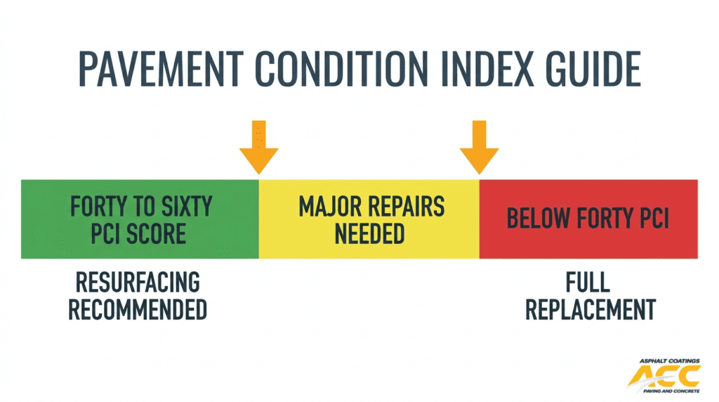 Pavement condition index guide showing when parking lot resurfacing, major repairs, or full replacement is recommended
