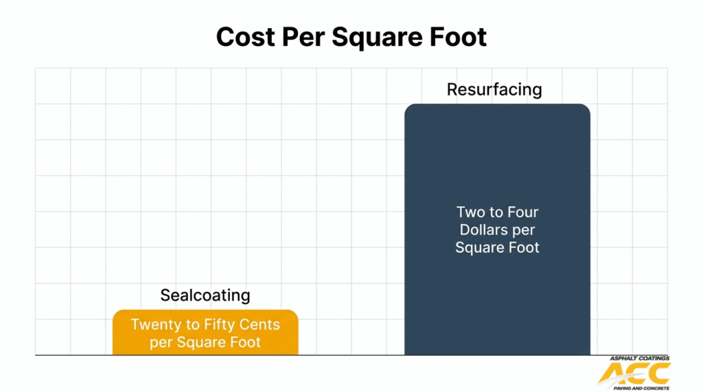 Sealcoating vs resurfacing cost per square foot chart comparing 20 to 50 cents for sealcoating and 2 to 4 dollars for resurfacing