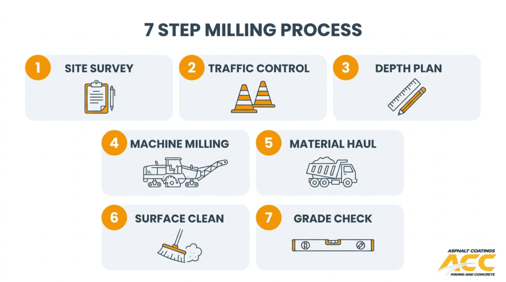 Seven step asphalt milling process covering site survey, traffic control, depth planning, milling, hauling, cleaning, and grade check