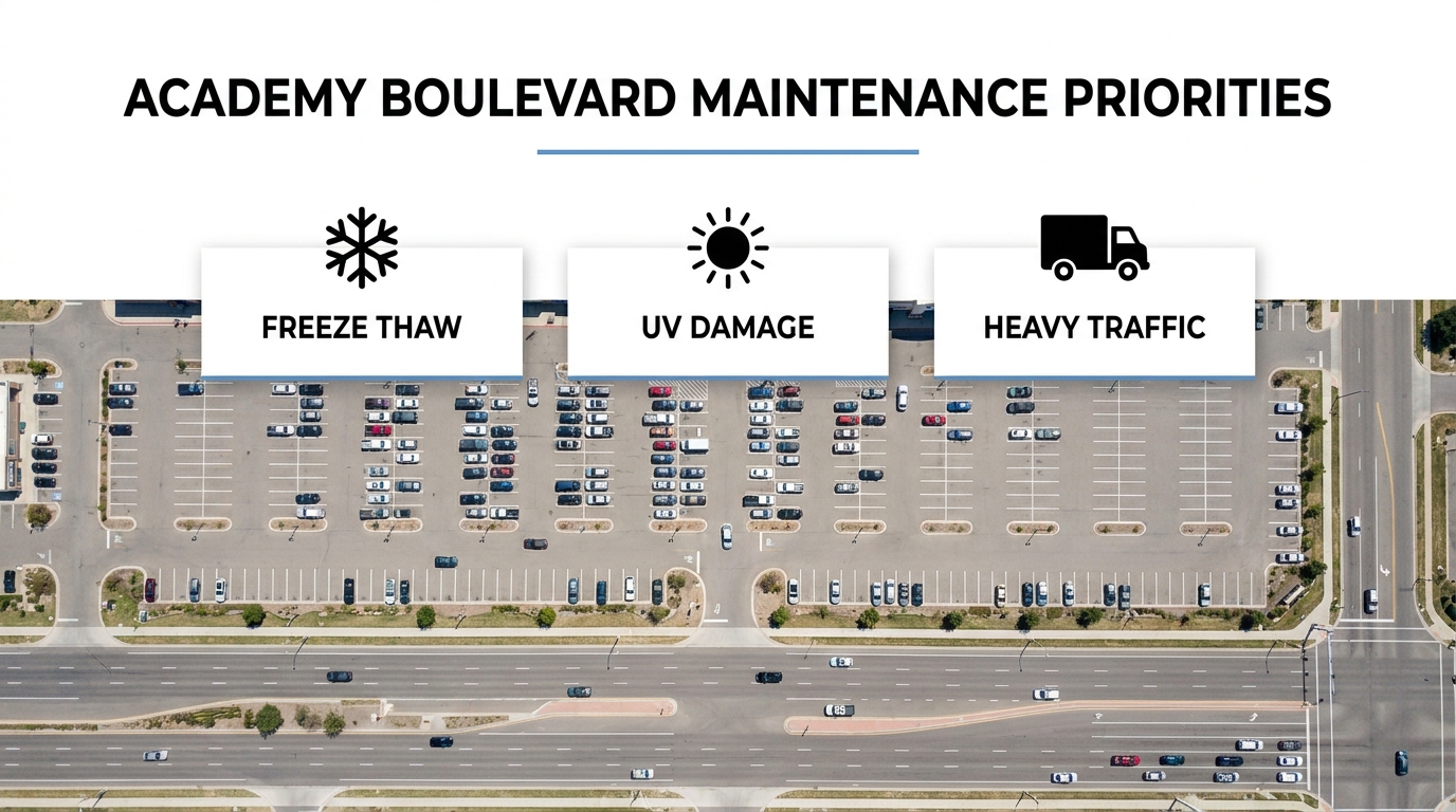 What Are the Asphalt Maintenance Priorities for High-Turnover Retail Centers Along Academy Boulevard?