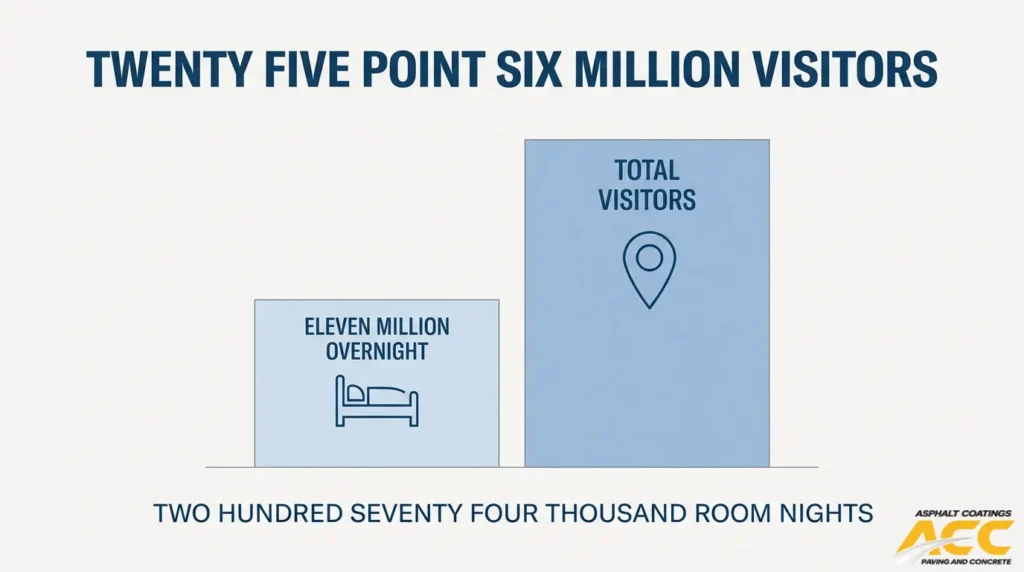 Colorado Springs visitor volume chart showing 25.6 million total visitors, 11 million overnight stays, and 274,000 room nights