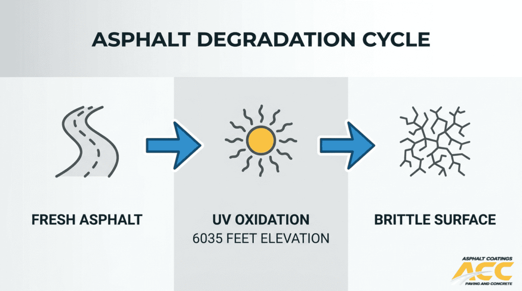 Asphalt degradation cycle showing fresh asphalt turning brittle from UV oxidation at high elevation
