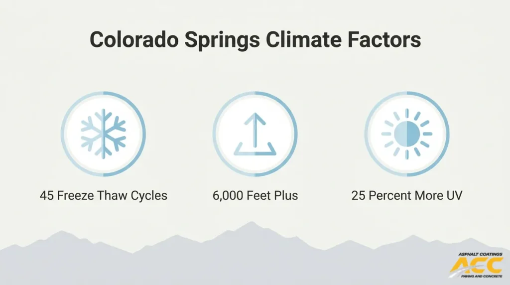 Colorado Springs climate factors infographic showing freeze-thaw cycles, 6,000-foot elevation, and increased UV exposure