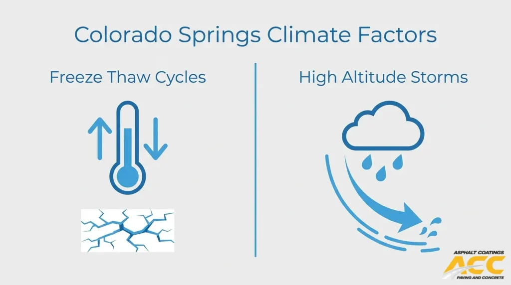 Colorado Springs climate factors infographic showing freeze-thaw cycles and high-altitude storms affecting pavement and stormwater planning