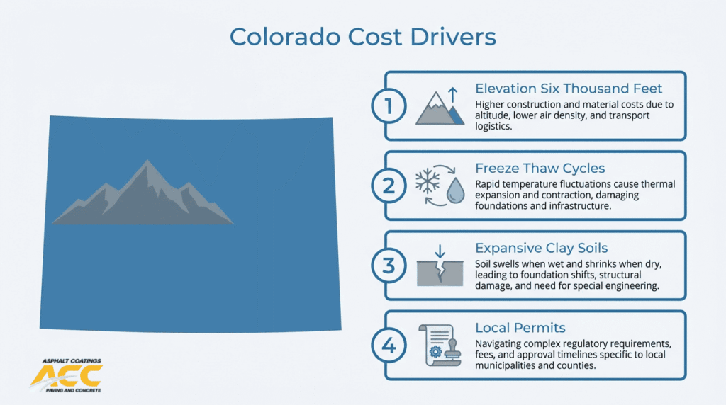 Colorado paving cost drivers infographic showing elevation, freeze thaw cycles, expansive clay soils, and local permits.