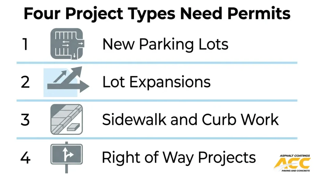 Four paving project types that need permits, including new parking lots, lot expansions, sidewalk and curb work, and right-of-way projects