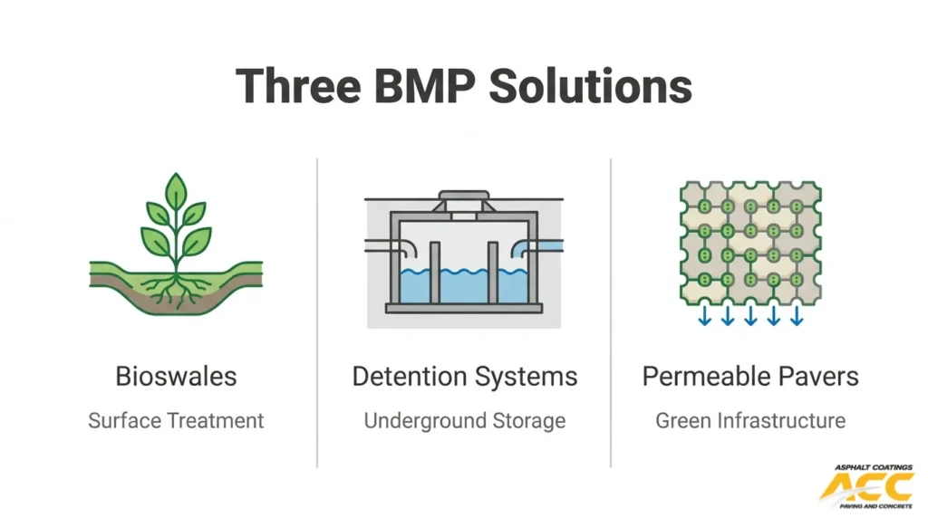 Three BMP stormwater solutions showing bioswales, detention systems, and permeable pavers for drainage management