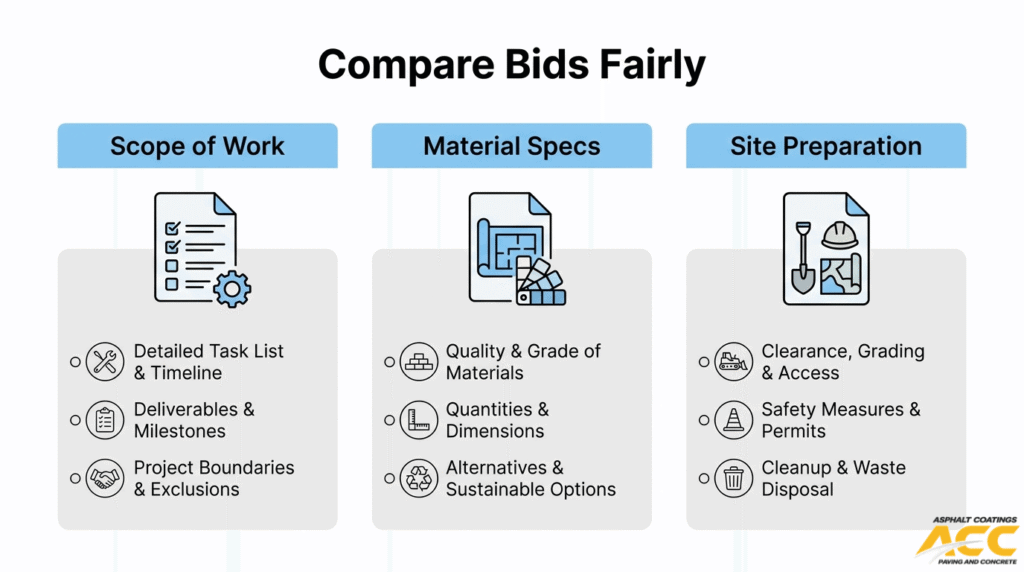 Asphalt contractor bid comparison guide showing scope of work, material specs, and site preparation.