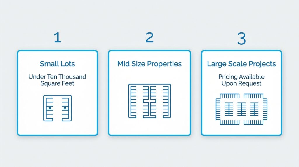 Commercial paving project types showing small lots, mid-size properties, and large-scale projects