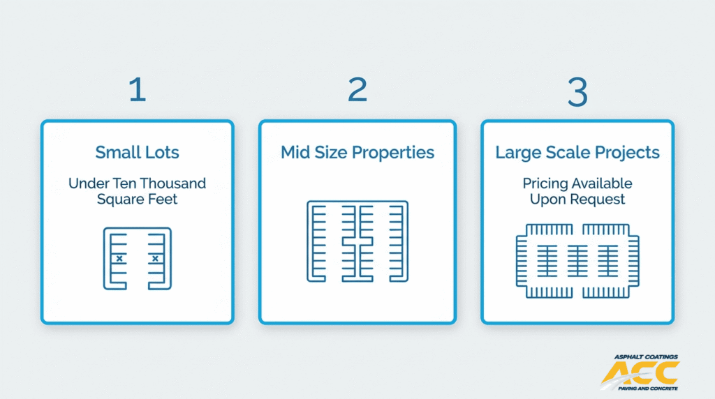 Commercial paving cost guide showing pricing categories for small lots, midsize properties, and large scale projects.