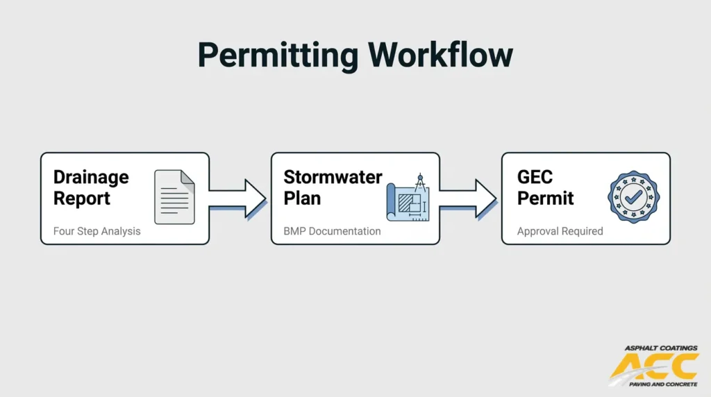 Permitting workflow showing drainage report, stormwater plan, and GEC permit approval process