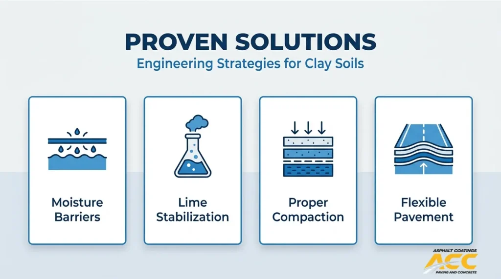 Clay soil heave solutions infographic showing moisture barriers, lime stabilization, proper compaction, and flexible pavement design