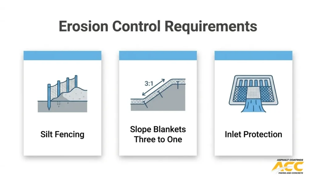 Erosion control requirements for Colorado Springs infographic showing silt fencing, three-to-one slope blankets, and inlet protection