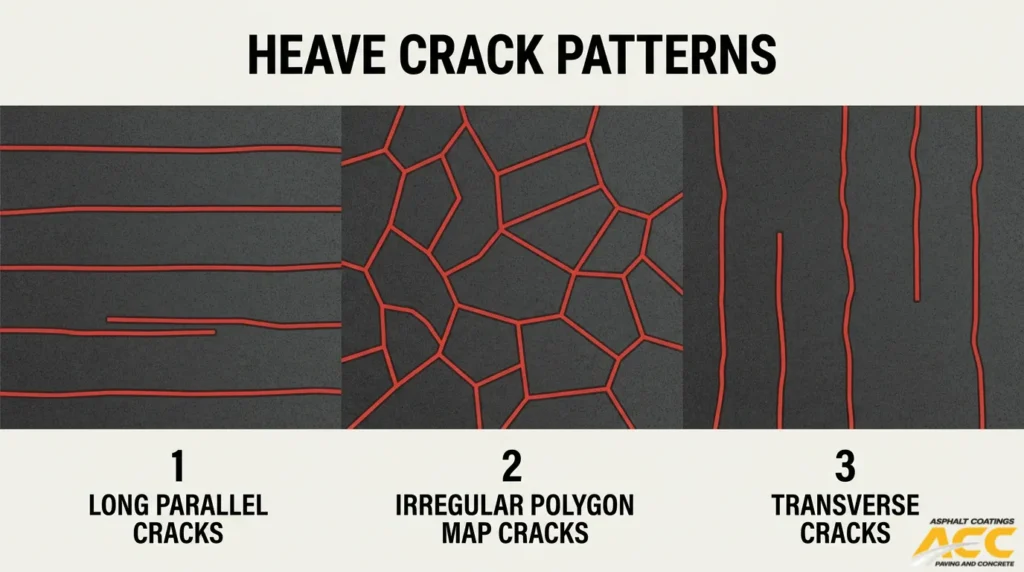 Heave crack patterns infographic showing long parallel cracks, irregular polygon map cracks, and transverse cracks in asphalt pavement