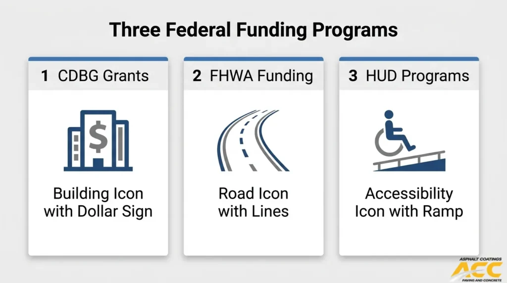 Three federal funding programs for paving projects, including CDBG grants, FHWA funding, and HUD accessibility programs