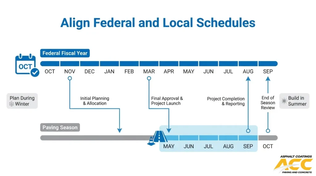 Federal and local paving schedule alignment showing planning, approval, construction season, completion, and reporting timeline