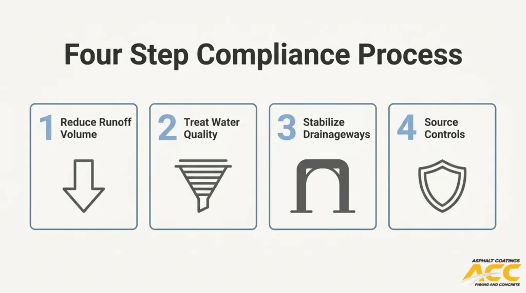 Four-step drainage compliance process showing runoff reduction, water quality treatment, drainageway stabilization, and source controls
