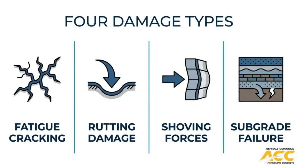 Four pavement damage types from heavy loads, including fatigue cracking, rutting damage, shoving forces, and subgrade failure