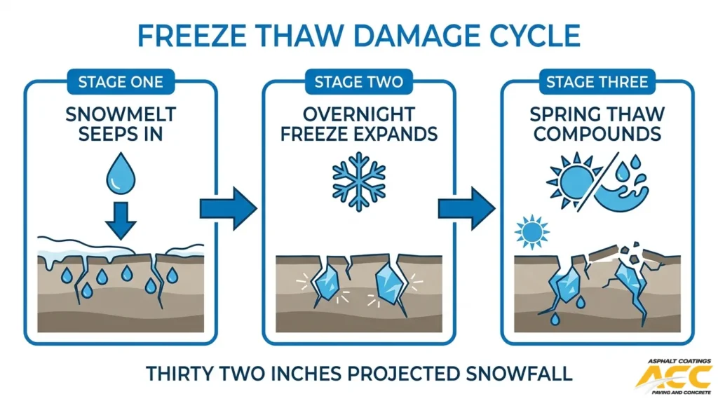 Freeze-thaw damage cycle showing snowmelt seeping into pavement, overnight freezing, and spring thaw worsening cracks