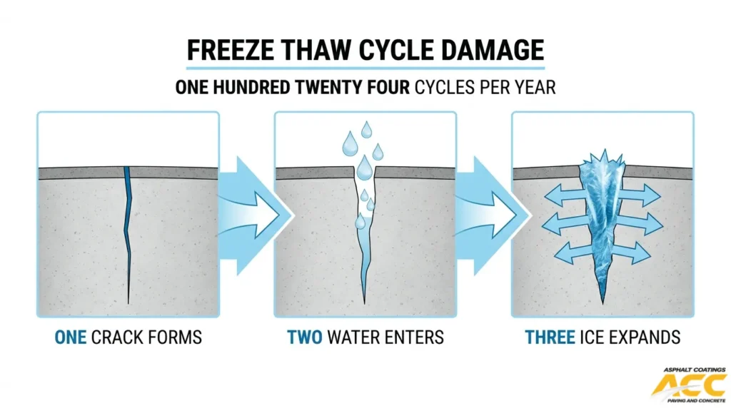 Freeze-thaw cycle damage diagram showing a crack forming, water entering, and ice expanding inside pavement