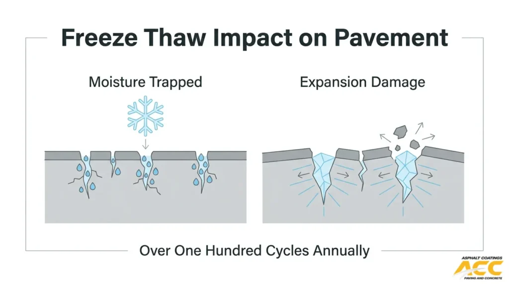 Freeze-thaw impact on pavement showing trapped moisture, expansion damage, and repeated annual cracking cycles