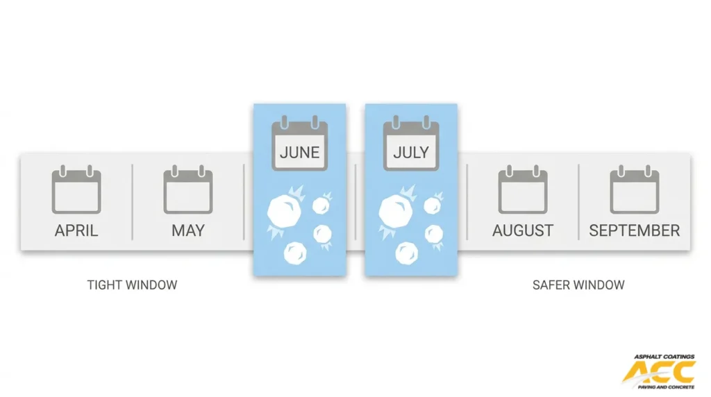 Sealcoating timing calendar showing tight spring window and safer late-season window from April through September